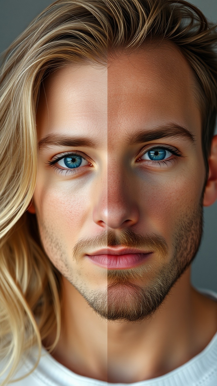 AI generated image by FLUX.1-schnell: A front facing portrait that is half male with brown facial hair on the right, half female with blond hair on the left