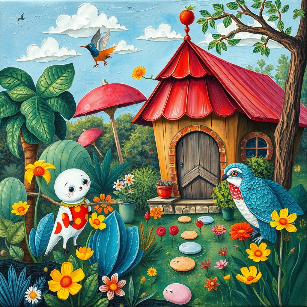 AI generated image by FLUX.1-schnell: Vibrant, whimsical scene in the style of Henri Rousseau, Grayson Perry, and Camille Rose Garcia, blending gouache and watercolor techniques with thick, impasto brushstrokes and textured layers on canvas. Dreamy, satirical illustration with a kitschy, quirky twist, featuring bold, bright, and cheerful colors with fine details and complementary hues. Matte painting aesthetic with a high level of detail, reminiscent of 8k resolution, capturing the playfulness and humor of the artwork