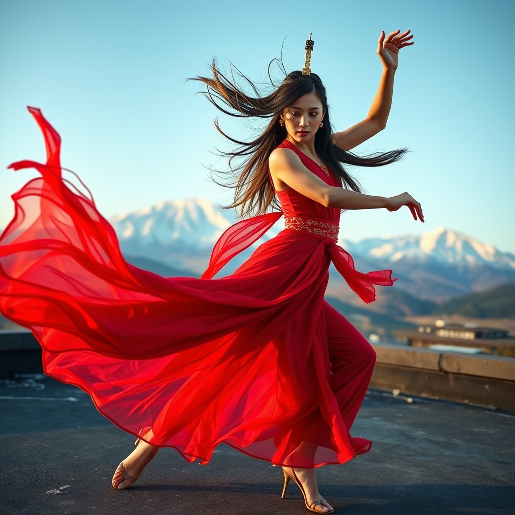 AI generated image by FLUX.1-schnell: A captivating Chinese modern dancer, on a rooftop, with snow-capped mountains in the background, long flowing hair, graceful movements, ethereal lighting, dynamic pose, vibrant colors, highly detailed, dramatic atmosphere, expressive, windswept hair, serene yet powerful, wide angle, cinematic view, art photography