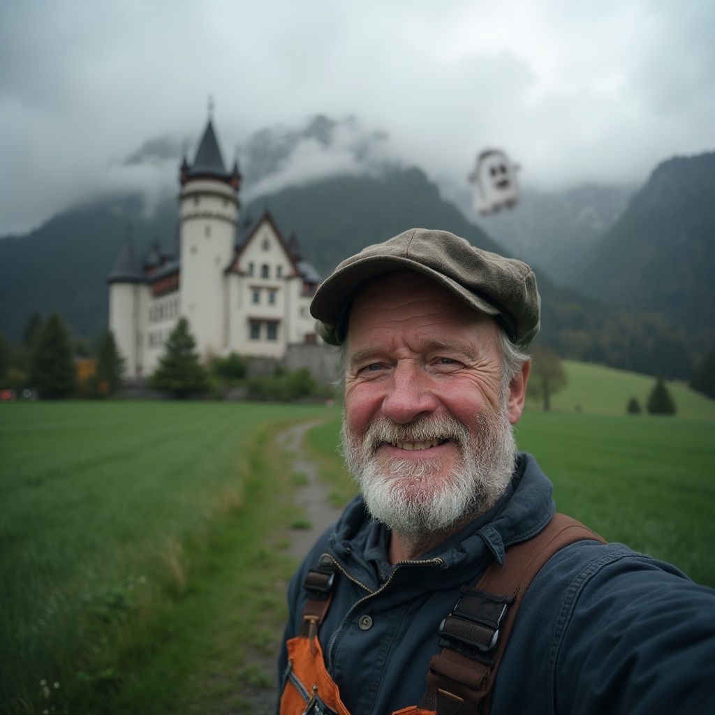 AI generated image by FLUX-Realism-Lora: A medium shot selfie of a smiling 40-year-old man dressed as a worker, with a funny yet realistic ghost floating nearby in the grey background, set in front of a big dark castle surrounded by a green field in the Tyrolean mountains, mysterious yet friendly atmosphere, shot with a Nikon Z7 II, 35mm lens, natural daylight illuminating the scene