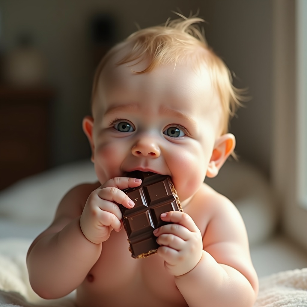 AI generated image by FLUX.1: Ultra-realistic, hyper-detailed image of a chubby baby with soft, rosy cheeks and bright, curious eyes, holding a slightly melted chocolate bar in its tiny hands. The baby takes a small bite, leaving smudges of chocolate on its lips and fingers. The skin is smooth with natural pores and soft lighting enhances the warm, delicate texture. The scene is captured with a cinematic full-frame lens (50mm), creating a shallow depth of field with a softly blurred background. The setting is a cozy, neutral-toned indoor environment, illuminated by gentle, diffused natural light for a warm and inviting atmosphere. The chocolate bar has a glossy, rich texture, reflecting the light subtly, adding to the realism.