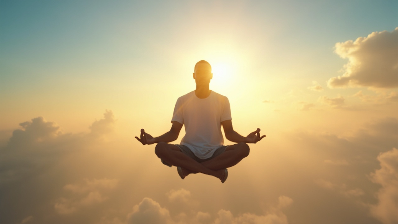 AI generated image by FLUX-Realism-Lora: black american man meditating peacefully while floating in the sky , legs crossed, as god walks behind him in the distance, the sun brightens his face