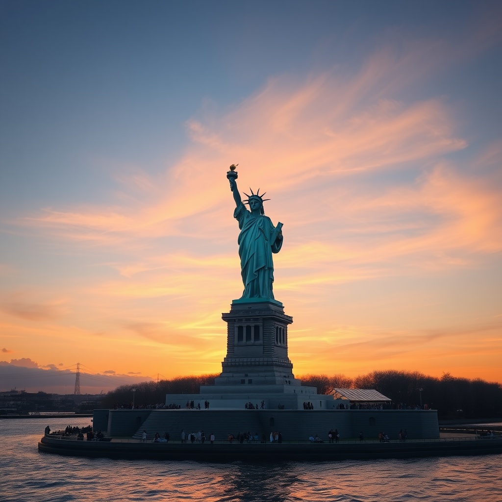 AI generated image by FLUX.1-schnell: A realistic photo of the Statue of Liberty at sunset with tourists around the base