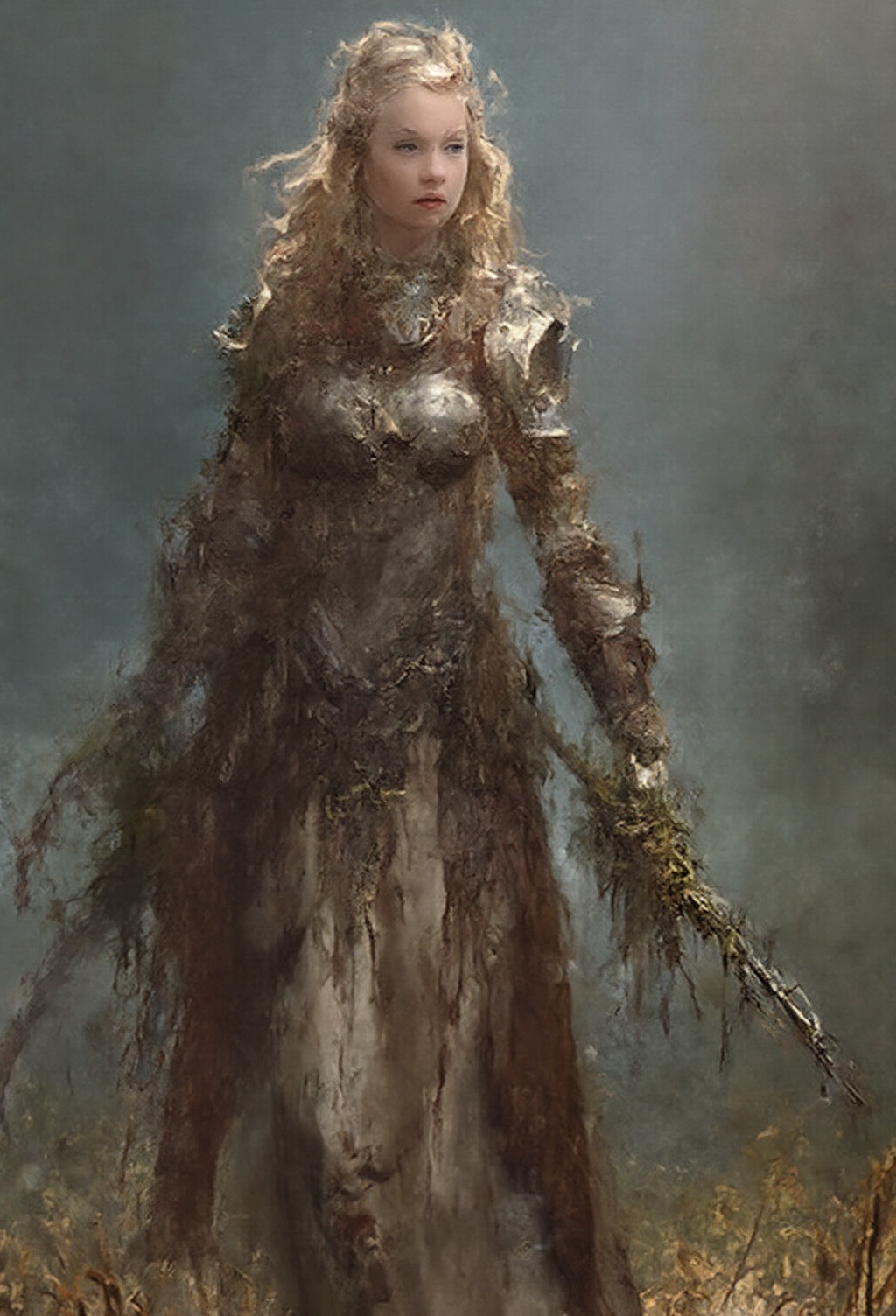 AI generated image by FLUX.1-image-to-image: - remove the mushroom element on her bracers and instead put throny vines there
- make hair length on left side of Pic same as right side
-remove plants on metal pauldron, make pauldron leather instead