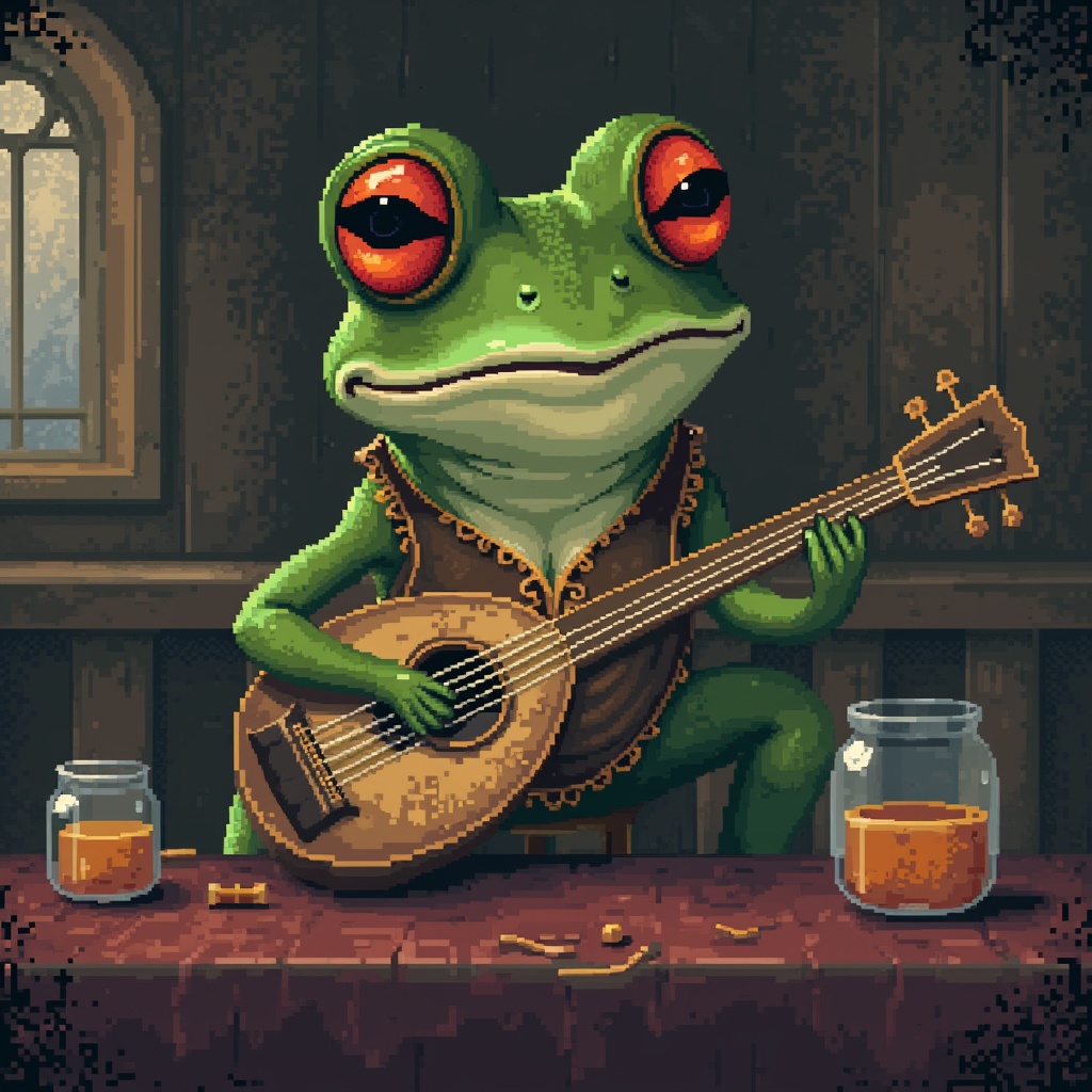 AI generated image by FLUX.1-pro: retro, 16-bit style, medieval, pixelated, grainy, hazy, cute, companion-like, old rpg-style, musical, bard, frog in an old tavern
