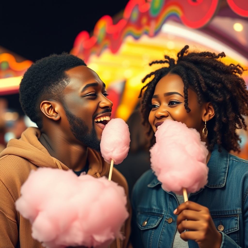 AI generated image by FLUX.1-schnell: Please create me a realistic looking picture of a happy looking couple with African roots. The couple is sharing one candy floss at a funfair. They are eating it together. This means that neither of their mouths can be seen. The colourful lights of the fairground are blurred in the bac.