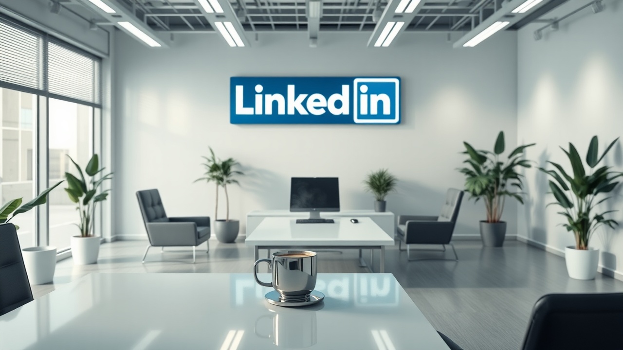 AI generated image by FLUX.1-schnell: A stunning ultra-realistic, 3D rendering of a professional workplace scene, featuring Omar Nahdi's LinkedIn AI logo prominently displayed on a banner. The room is immaculate, with sleek modern furniture, plants, and a steaming coffee mug on a pristine desk. The atmosphere is one of technological advancement and efficiency, with a touch of minimalist design. The scene is void of humans, creating a sense of calm and focus on the futuristic workspace itself.