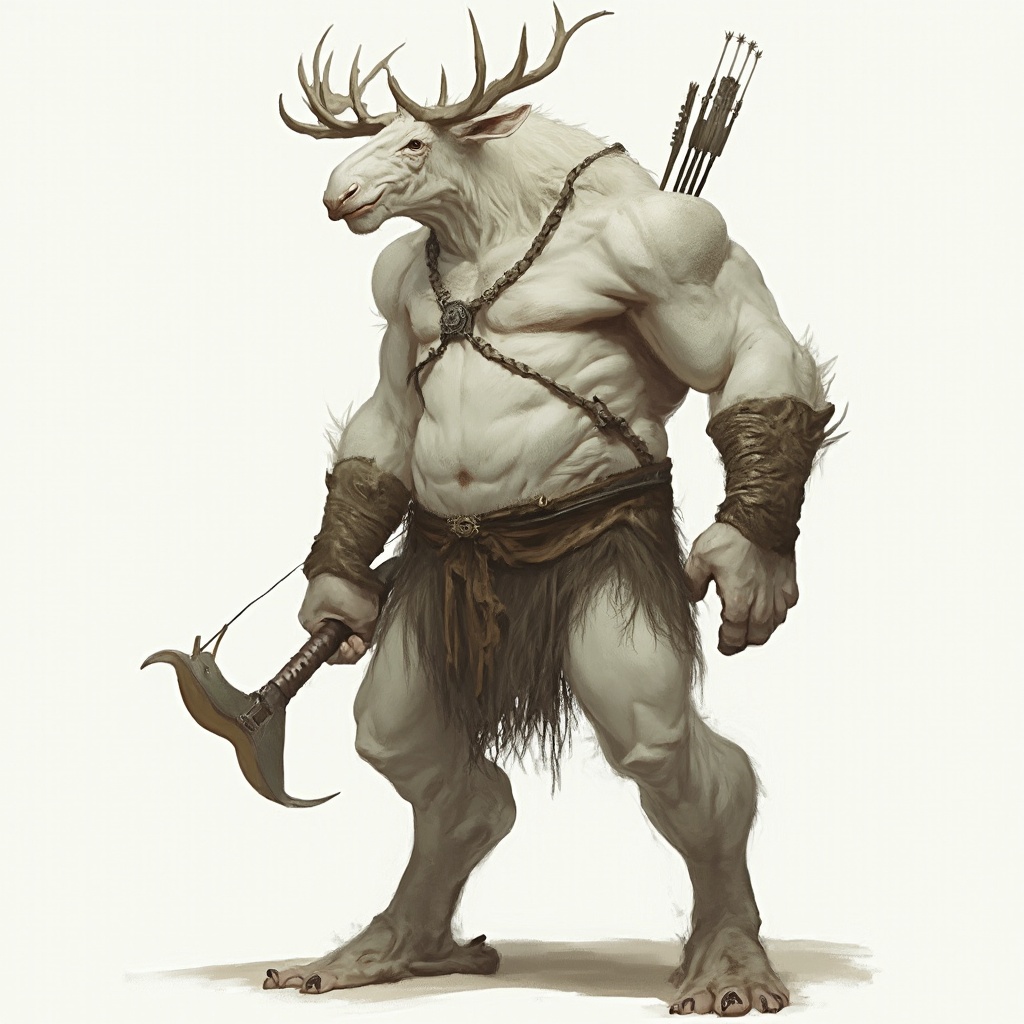 AI generated image by FLUX-Realism-Lora: A very tall, muscular, white-skinned humanoid being with the head of a moose, legs of a goat, a bow on his back, and a quiver.