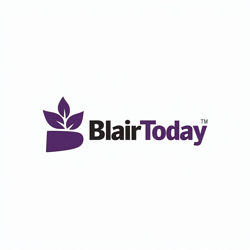 AI generated image by FLUX.1: Logo for a blair, nebraska newspaper with a newspaper or writing theme called "BlairToday".  Using colors of purple and black are good.  The logo should be on white background