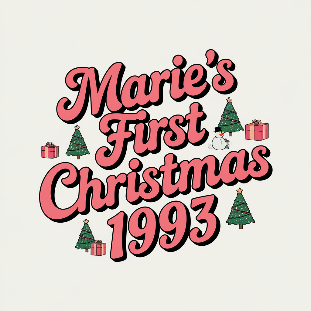 AI generated image by ideogram 2.0: marie's first christmas 1993 pink text design