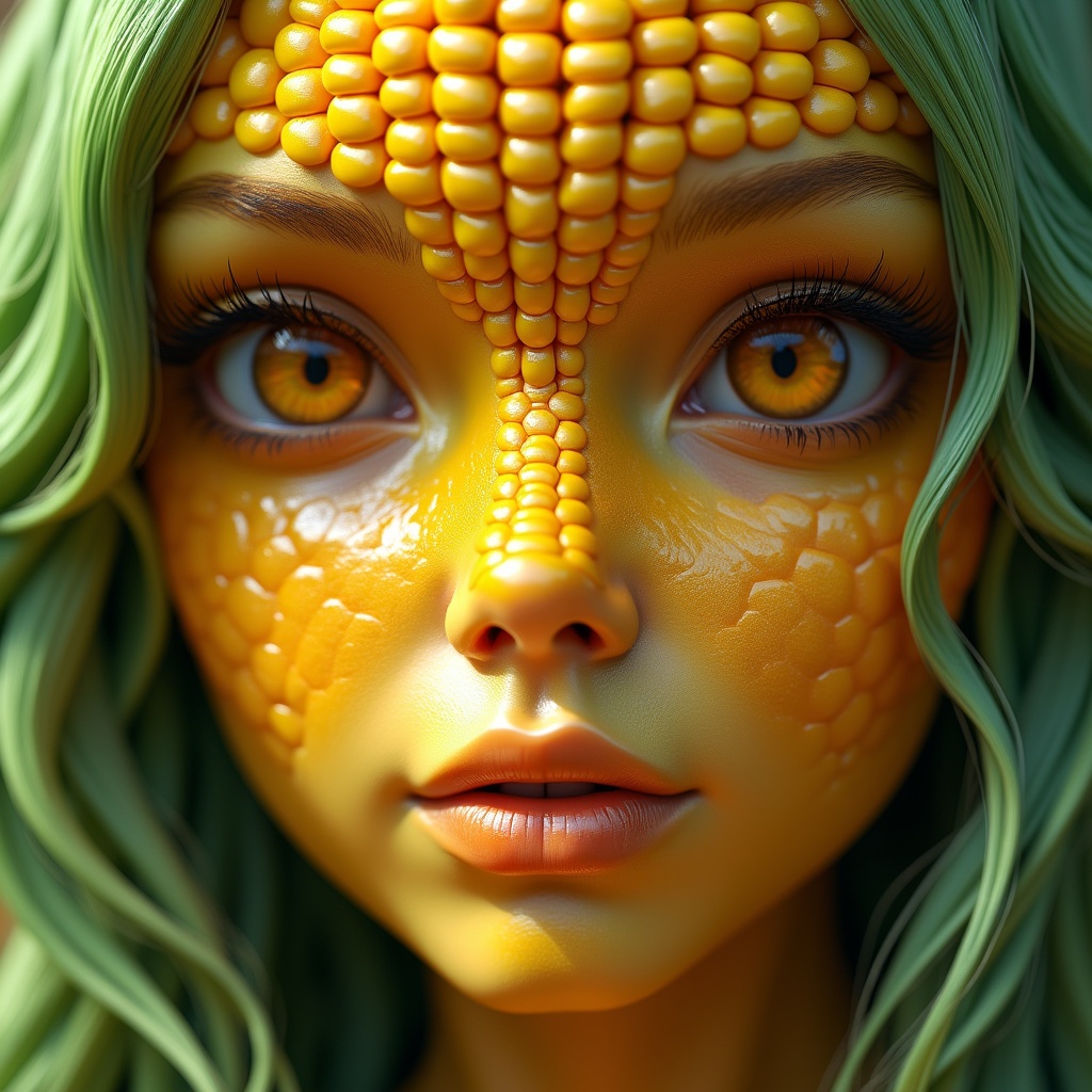 AI generated image by FLUX.1-pro: 
A corn-human hybrid with golden-yellow skin, a kernel-like texture across the cheeks, and flowing green husk-like hair. The eyes shine amber, blending natural and human elements in a hyper-detailed 4K image.  
