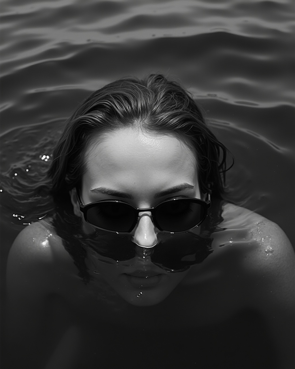 AI generated image by FLUX-Realism-Lora: A black and white photo of a woman's head just above dark water, sunglasses partially submerged. The camera is low, parallel to the water