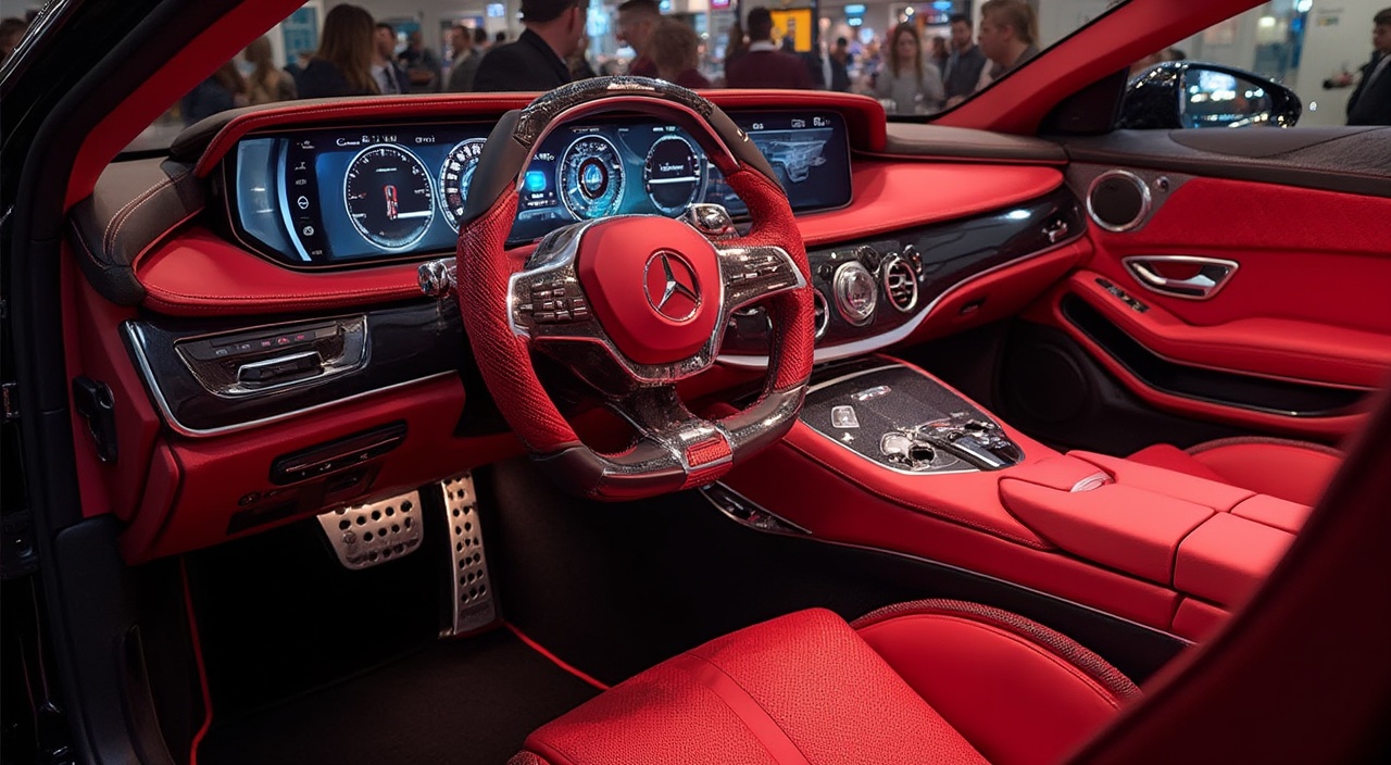 AI generated image by FLUX-Realism-Lora: ULTRA HIGH REALISM big monitor and tv in dashboard ULTRA HIGH REALISM Interior dashboard 2050 SURREAL MERCEDES MAYBACH Exelero, big monitor and tv in dashboard, shine MIRROR RED color fully modified displayed in AUTOSHOW

