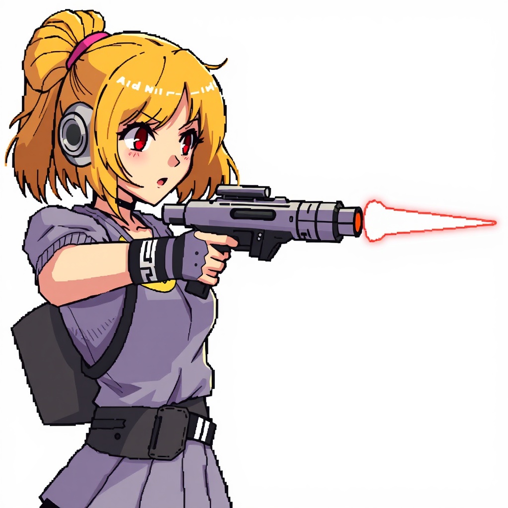 AI generated image by FLUX.1-schnell: low-resolution pixelart girl aiming her blaster for an arm