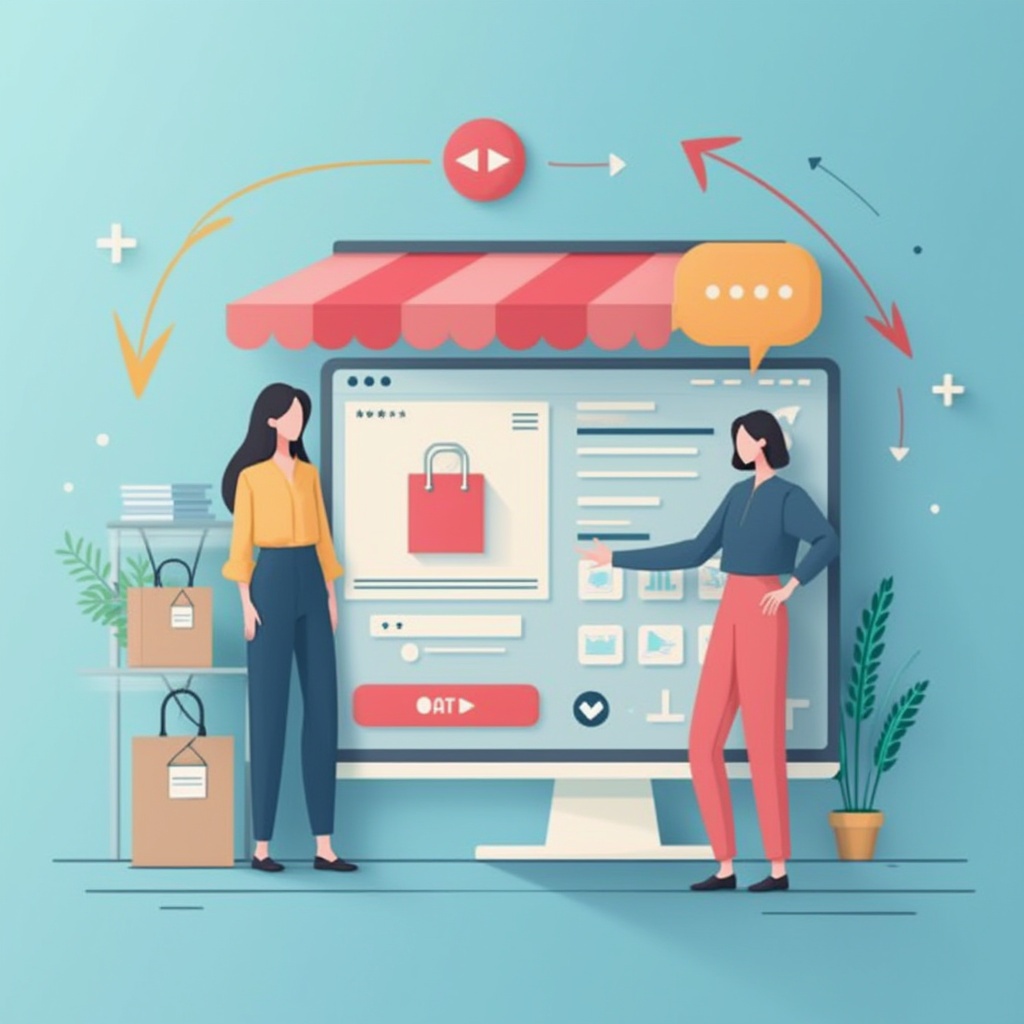 AI generated image by FLUX.1-pro: Generate a flat design digital scene  showing an intuitive online shopping interface. Include clear directional arrows and progress indicators guiding a satisfied customer toward a purchase. Drow it in 2D
