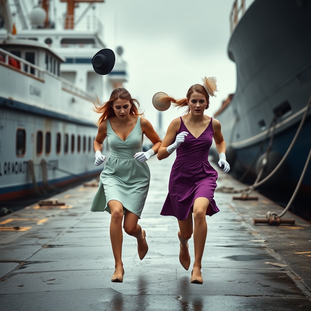 AI generated image by FLUX.1-schnell: Two posh female wedding guests are running sad and scared in a dangerous port wearing coloured posh mini dresses and silky gloves. Descending to the ground, two posh hats are blowing off their heads behind in the background.
