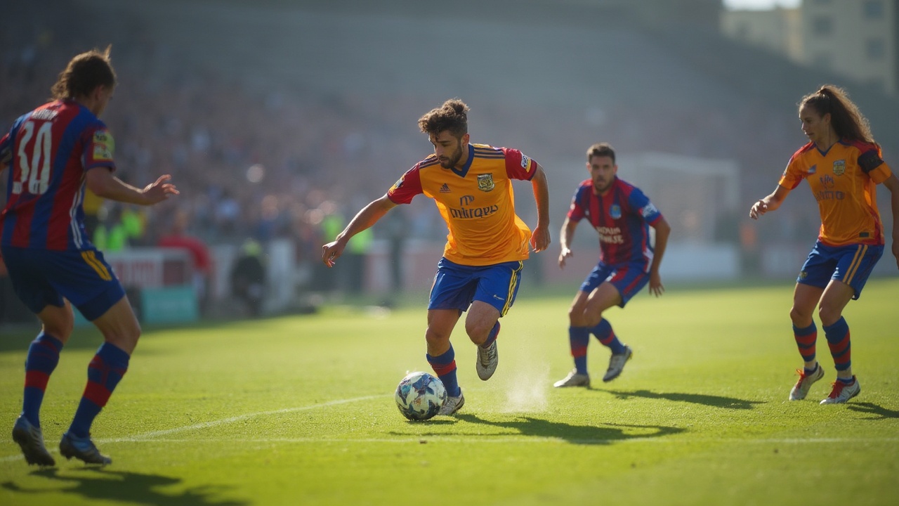 AI generated image by FLUX-Realism-Lora: un futbolista avanzando con el balón en una cancha de futbol, eludiendo a tres contrarios que se le enfrentan. 