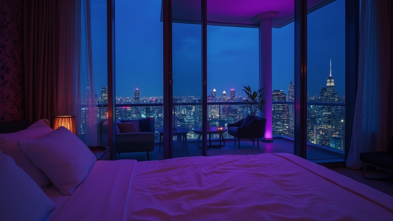 AI generated image by FLUX-Realism-Lora: Nighttime view from the bed of an ultra-luxury penthouse in downtown Toronto. Blue lights and the skyline outside the window, with purple lighting inside the room. The glass door is open to the balcony, which has furniture. The photo was taken on an iPhone