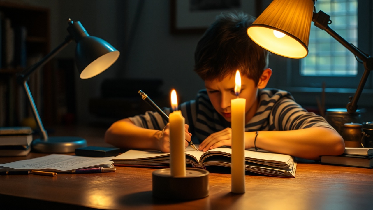 AI generated image by FLUX.1-schnell: Boy studying on a study desk with a lamp on the table from the side, but with dead unlit wax ((dead candles)) on the foreground