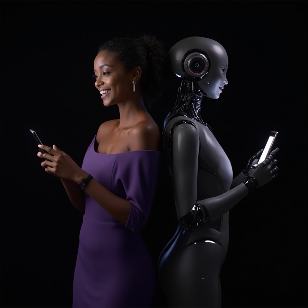 AI generated image by FLUX-Realism-Lora: A photorealistic scene of a 30-year-old Black woman with deep brown skin, wearing an elegant purple dress, standing excitedly while shopping on her phone. Her eyes are wide open, expressing joy and excitement as she discovers something amazing on her screen. Her hair is styled to be clearly visible against the dark background. Behind her, back to back, stands a highly realistic humanoid female robot with a sleek and futuristic design, featuring subtle glowing elements that emphasize her advanced AI companion aesthetic. The robot is actively assisting the woman, holding a phone in her hands as she responds to the shopping inquiries, mirroring the same excitement and engagement as the woman. Both characters share an equal level of enthusiasm, reflecting a harmonious shopping experience. The background is minimalistic and dark, blending smoothly with a black backdrop to ensure seamless integration. The lighting is soft yet highlights both figures, creating depth and realism. The image captures the dynamic process of shopping, emphasizing their companionship and the technology-driven experience