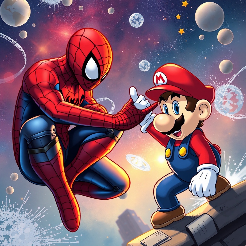 AI generated image by FLUX.1-schnell: Spiderman vs Mario on the universe