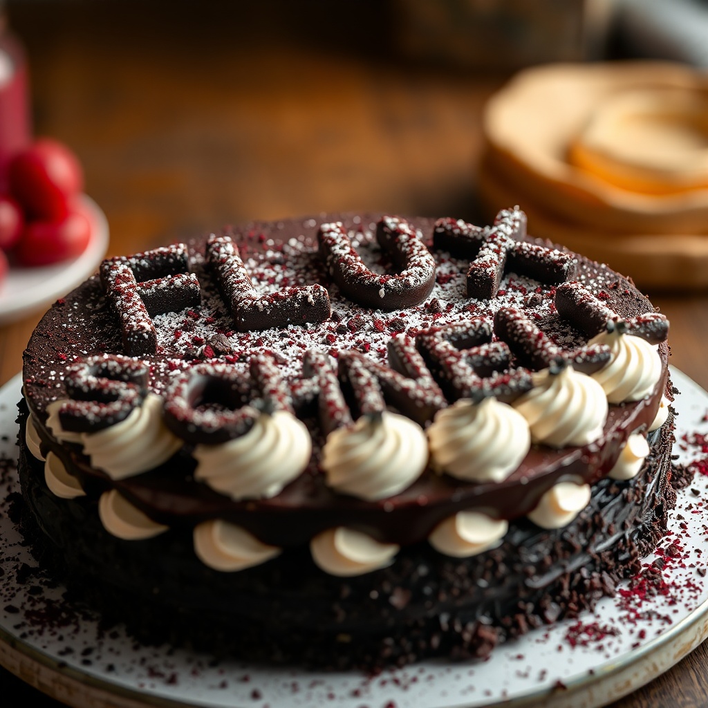 AI generated image by FLUX.1-schnell: black forest gateau cake spelling out the words "FLUX SCHNELL", tasty, food photography, dynamic shot