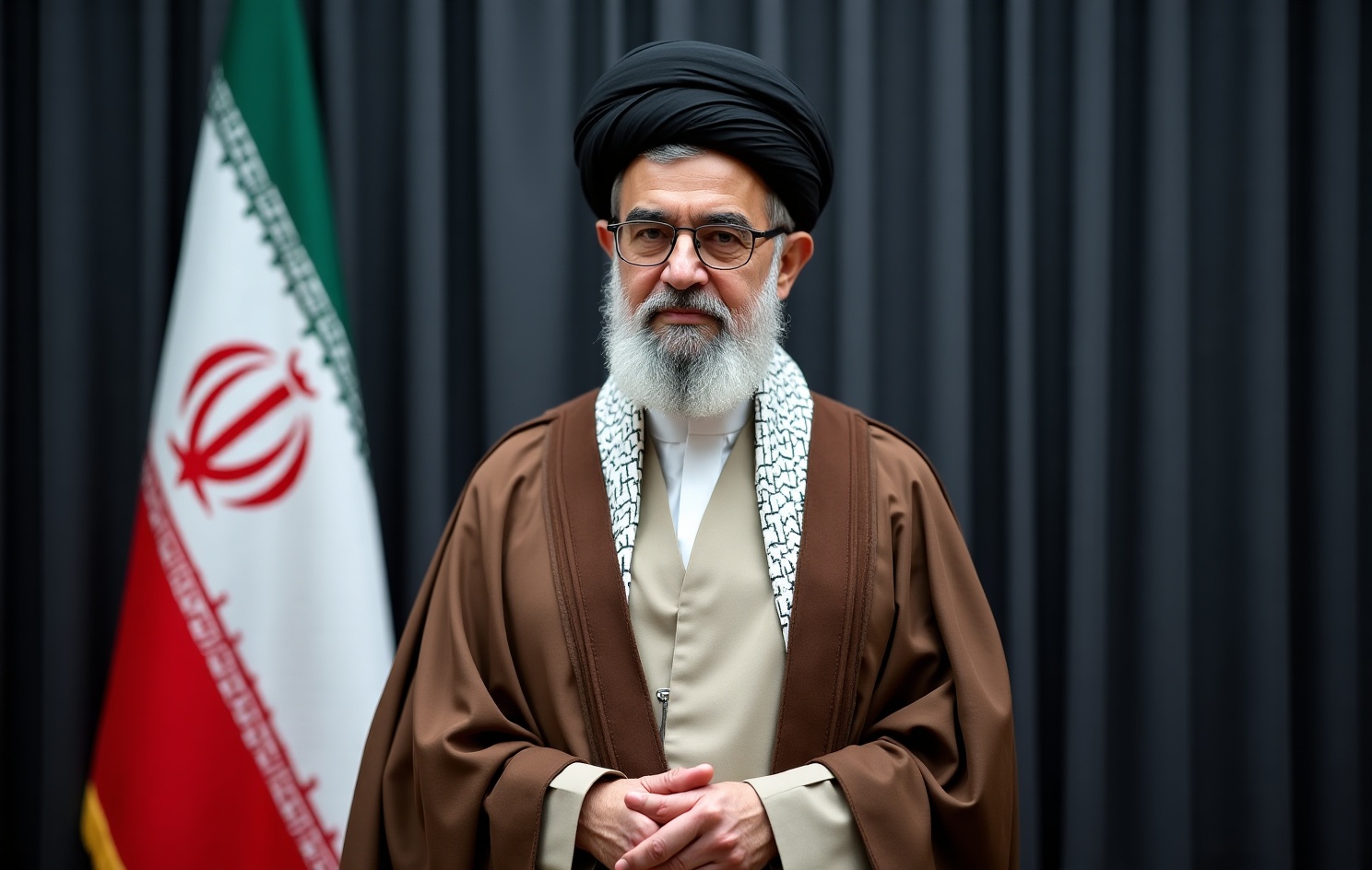 AI generated image by FLUX.1-image-to-image: Mojtaba Khamenei, medium shot portrait, visible from head to waist, standing upright and facing camera, black turban, glasses, grey beard, brown clerical robe over white traditional clothing, neutral expression, Iranian flag in the background on the left side, dark curtain backdrop, official government portrait, realistic photography, centered composition, professional lighting, photorealistic, highly detailed, documentary style, sharp focus, natural colors, 16:9 frame
negative prompt:close up portrait, cropped chest, cropped shoulders, smiling, cartoon, anime, painting, low quality, blurry, distorted face, extra fingers, extra hands, watermark, text, logo