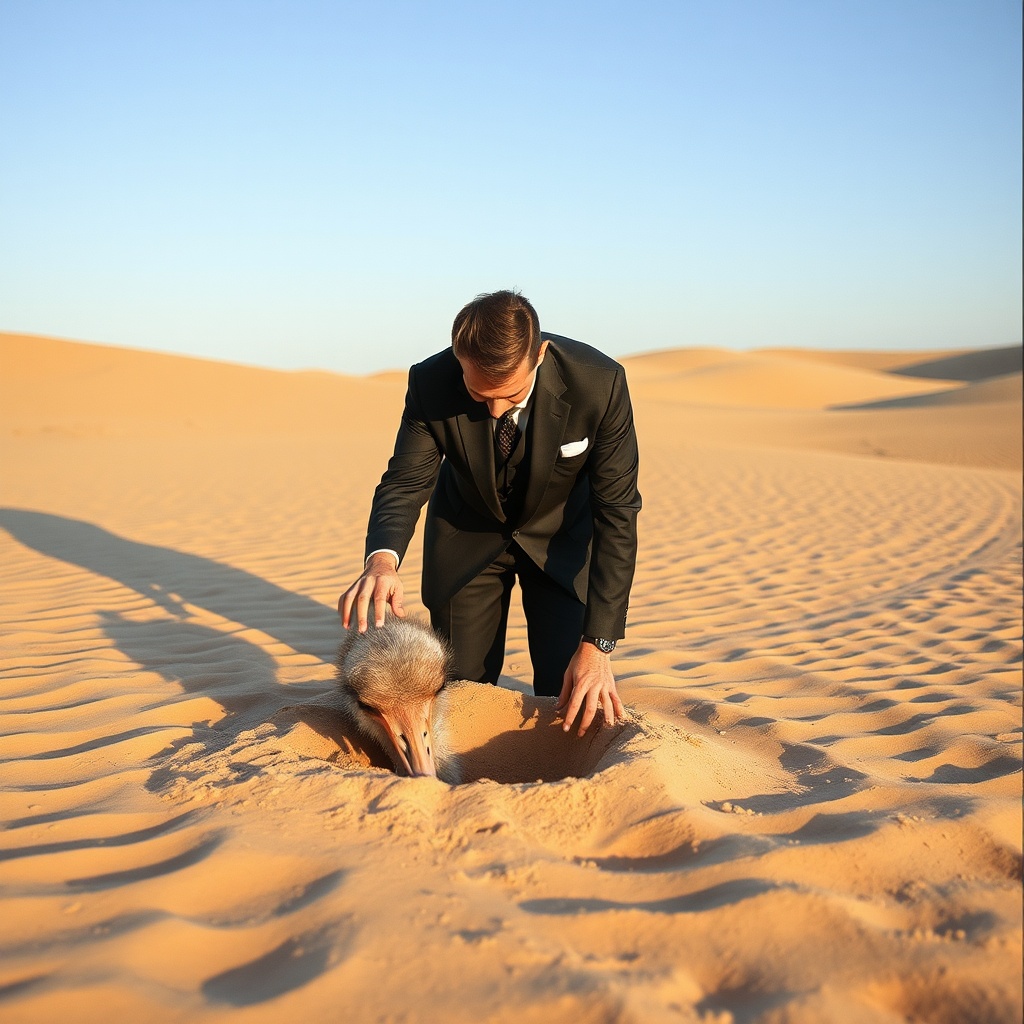 AI generated image by FLUX.1-schnell: A man in a suit in a desert, burying his head in the sand like an ostrich
