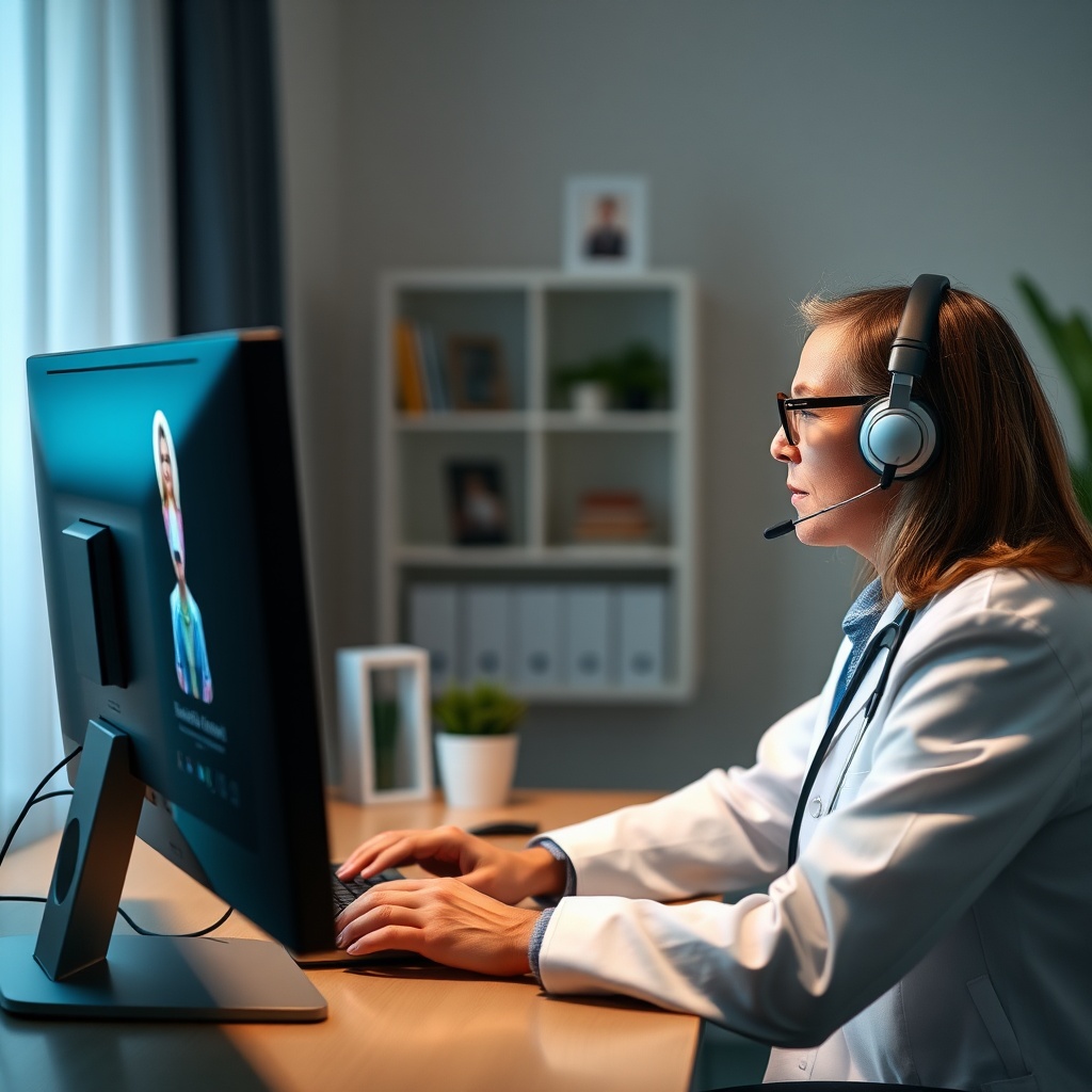 AI generated image by FLUX.1-schnell: telemedicine doctor appointment, patient at home. the doctor communicates through a headset on a PC, dressed in a white coat, the doctor is watching the monitor, only 1 doctor