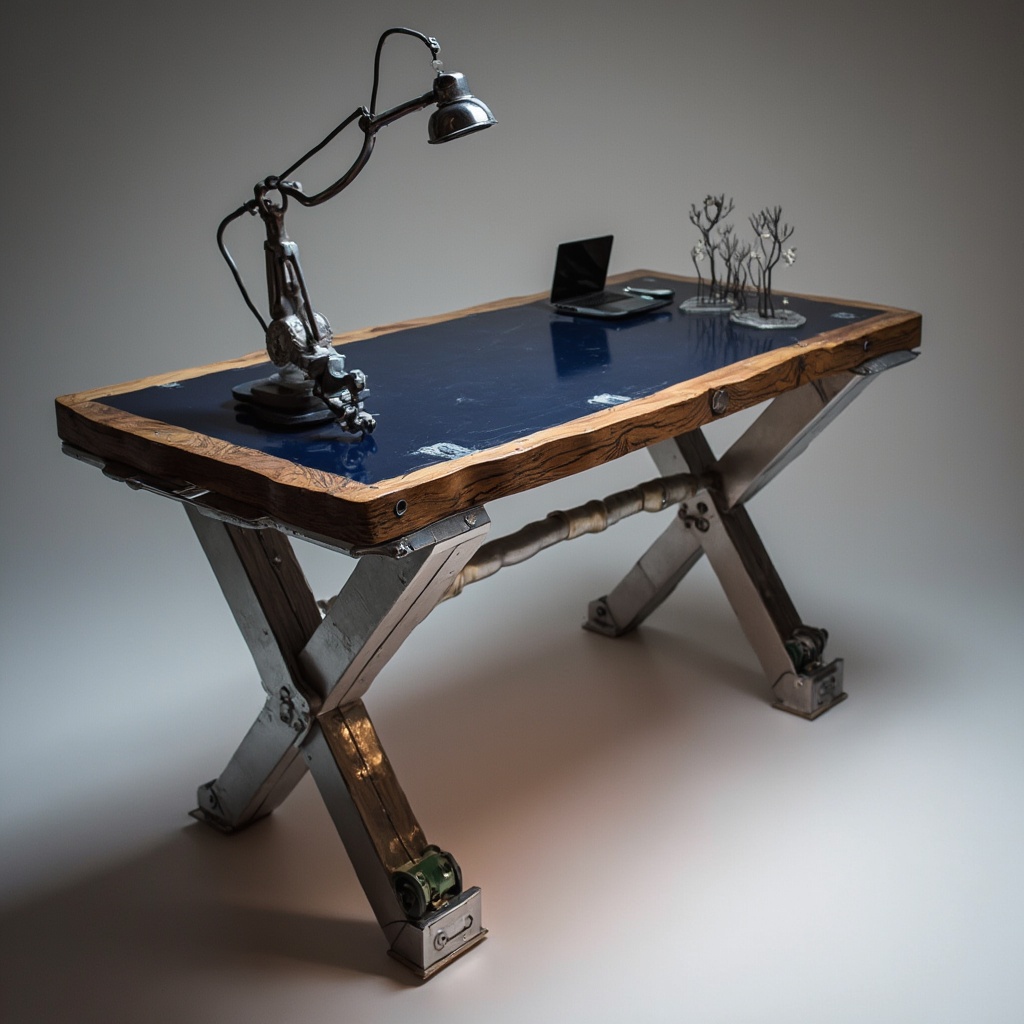 AI generated image by FLUX-Realism-Lora: crazy geometric sculpture made from a wooden tabletop with dark blue linoleum surface, aluminum extrusions, and stainless steel parts. its the eye catcher at a designer trade fair booth. Slight resemblance of a standing desk. professional photo soft lighting beauty shot