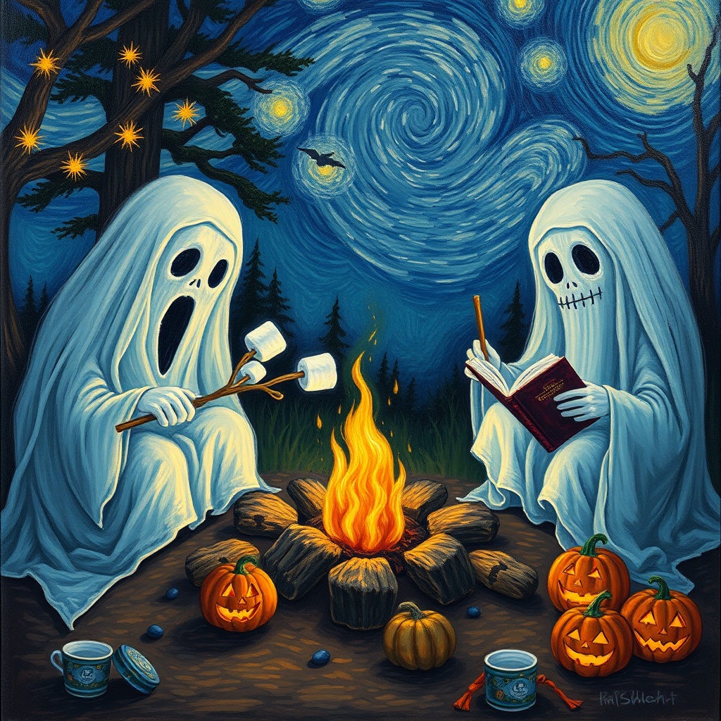 AI generated image by FLUX.1-schnell: create a painting of three ghosts camping. two are roasting marshmallows on a stick around a campfire and one is reading a spooky book. The campsite should be decorated with halloween decorations, jackolanterns, lights, etc. Make it in the style of van gogh. More like van gogh style starry night