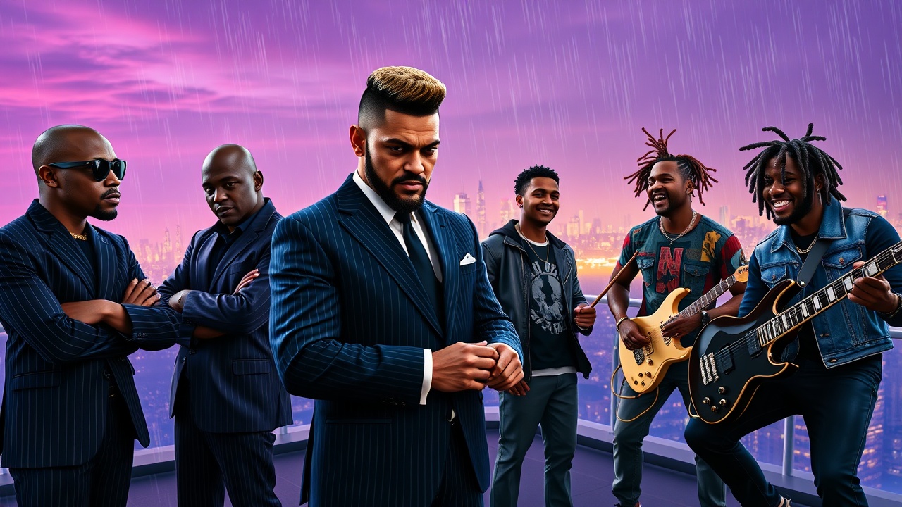 AI generated image by FLUX.1-schnell: Grand Theft Auto 6 official loading screen art style mixed with Vogue editorial photography. Wide shot, 5 African American men, musical supergroup on rain-slicked skyscraper helipad at dusk. Neon purple and gold skyline background.
(Center): Husky male, cocky arrogance, adjusting cufflinks, tailored dark pinstripe suit, heavy gold chain, Ray-Bans, salt-and-pepper goatee, curly frohawk.
(Far Left): Dark skinned male, bald, black leather biker jacket, sunglasses, arms crossed, stoic.
(Mid Left): Light skinned male, freckles, bleached-tip dreads, vintage punk tee, neck tattoos, leaning forward, raw emotion.
(Mid Right): Male with box fade, clean-shaven, designer bomber jacket, holding drumsticks, sharp intelligent look.
(Far Right): Male with wild colorful braids, patchwork denim jacket, holding electric guitar, dynamic crouching pose, laughing.
Cinematic golden hour rim lighting, volumetric fog, sharp focus, 8k, masterpiece, Afropunk luxury aesthetic
