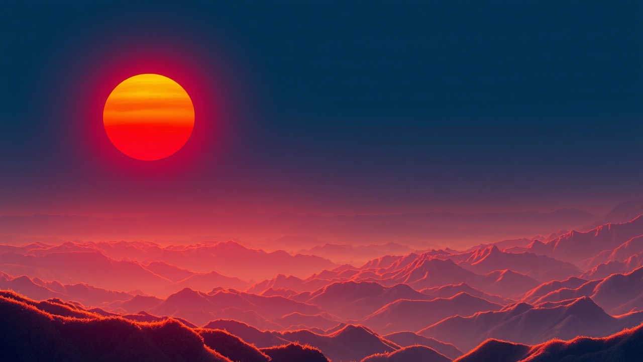 AI generated image by FLUX.1-schnell: Depict the scene at dawn, where an orange - red sun ascends gradually. Its intense orange - red radiance, resembling golden filaments, tenderly lights up the deep blue sky. In the far - reaching view, there are continuous, stacked and meandering mountains. These mountains are adorned with glistening golden borders under the glow of the newly - risen sun. Present it in an ancient - style aesthetic, employ atmospheric perspective to emphasize a strong sense of spatial depth, with high resolution, -