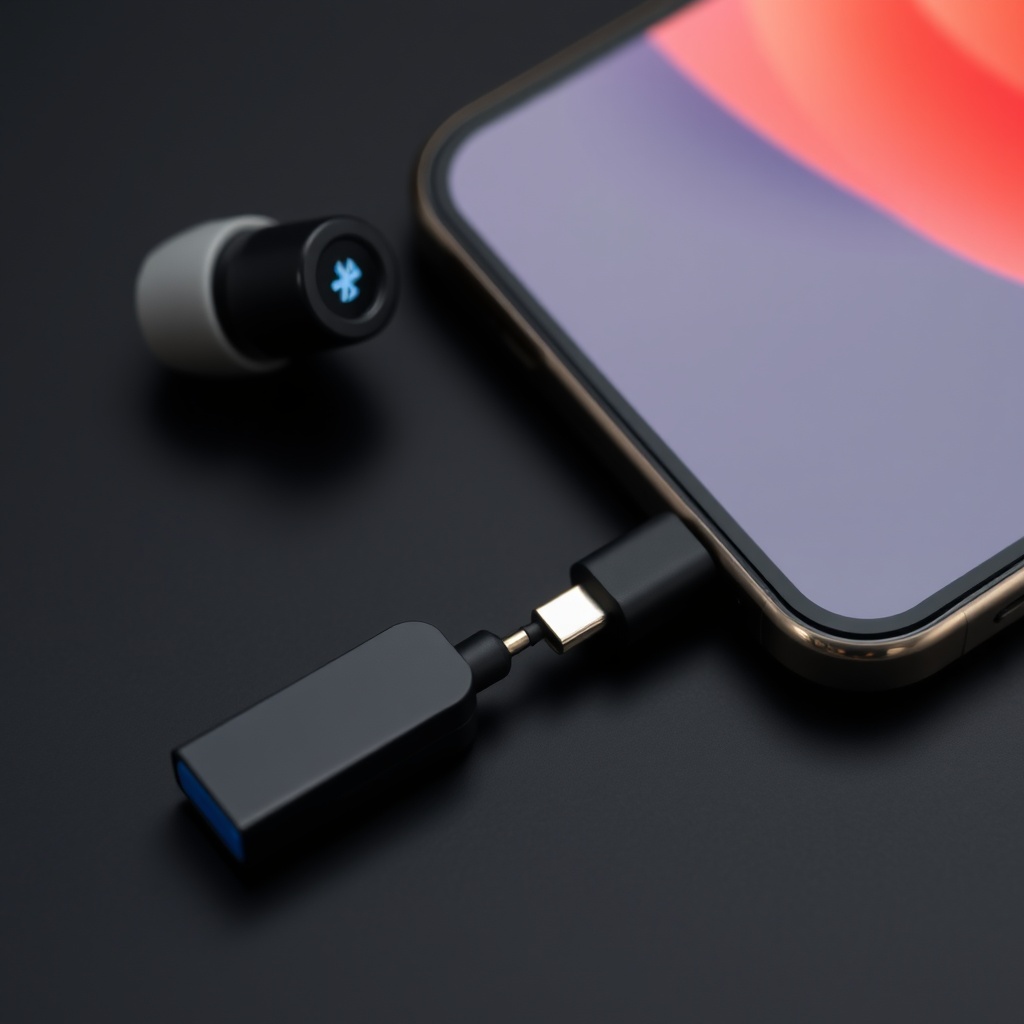 AI generated image by FLUX.1-schnell: a bluetooth earbud with a usb-c male connector, and another similar one is connected to the iphone via their usb-c connectors