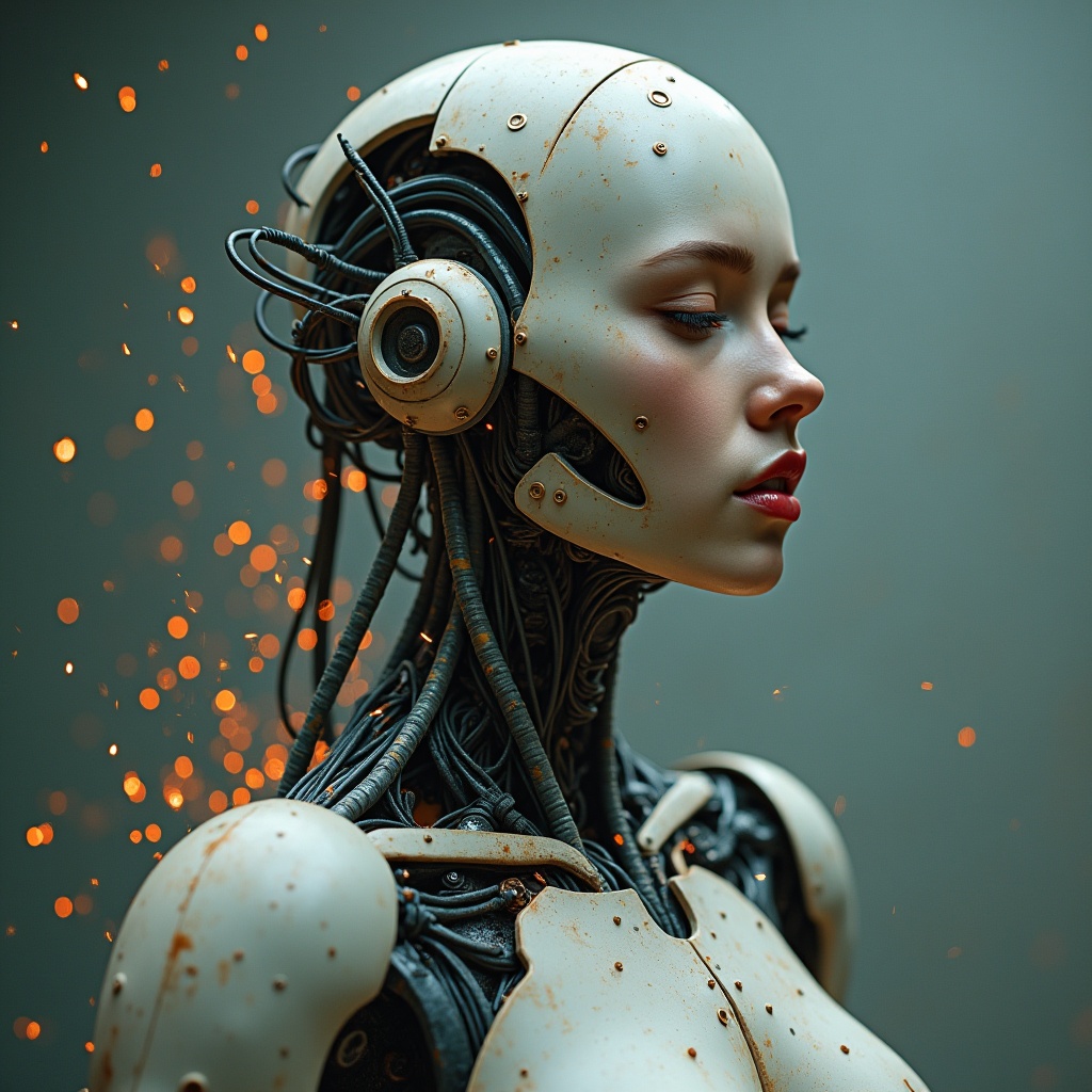 AI generated image by FLUX.1: A malfunctioning android girl a mix of synthetic silicon flesh and mechanical joints.  Wires poke out from her neck, as sparks shoot from her body