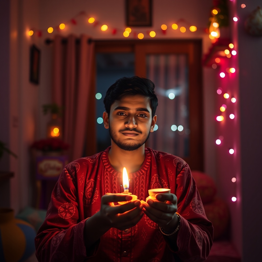 AI generated image by FLUX.1-schnell: make an image of a person celebrating diwali at home, front shot zoom out shot age between.