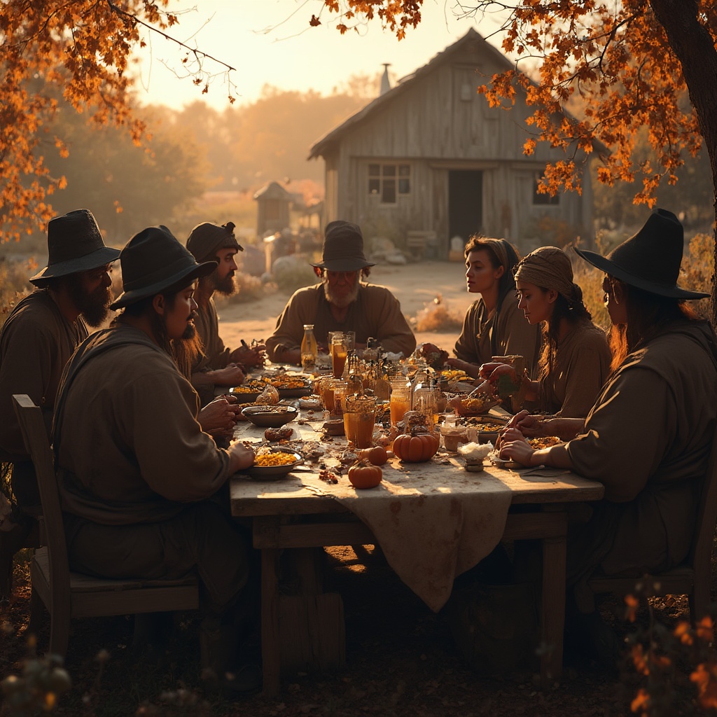 AI generated image by FLUX-Realism-Lora: "A historically authentic cinematic photograph of the first Thanksgiving in Massachusetts, ca. 1621; Pilgrims in plain, dark attire with wide-brimmed hats and bonnets sit at a rustic wooden table outdoors, sharing a humble feast of corn, squash, wild fowl, and fish with Wampanoag tribespeople, who wear traditional deerskin clothing, moccasins, and beaded accessories; a backdrop of autumn foliage and a simple Pilgrim settlement, with wooden cabins and a thatched roof meetinghouse; the scene bathed in soft, golden light of the setting sun, evoking a peaceful yet solemn tone; attention to historical detail in clothing, tableware, and setting. [tags start here] cinematic, historical photography, realistic, vibrant."