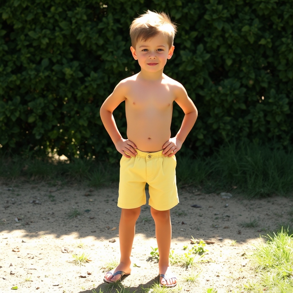 AI generated image by FLUX.1-schnell: garçon de dix ans en petit short, torse nu devant une grange