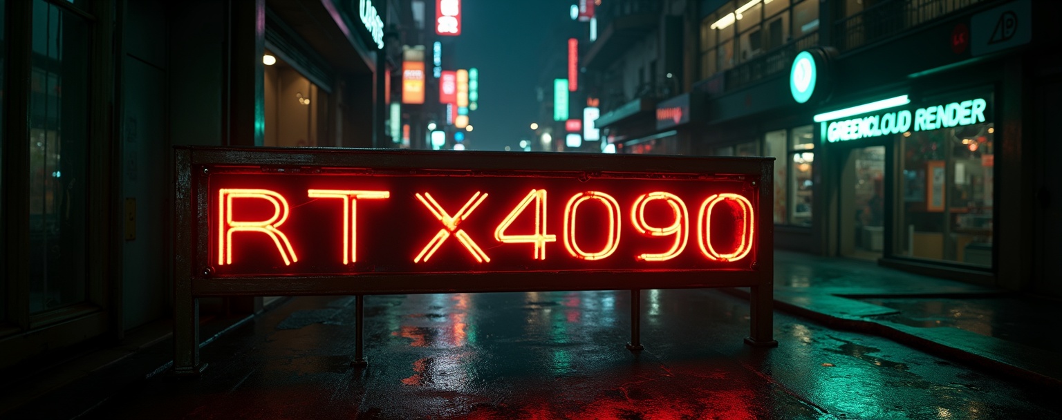 AI generated image by FLUX.1-image-to-image: Big Banner with text "Green Cloud Render" and Banner text "RTX4090", stylized cyberpunk font. Background cyberpunk cityscape at night, a photo with intricate details and vibrant colors. Hard lighting and neon signs illuminates the metallic, glossy, and reflective surfaces. Cinematic color grading, 16K resolution, telephoto lens, large aperture, and underexposed settings enhance the futuristic mood.