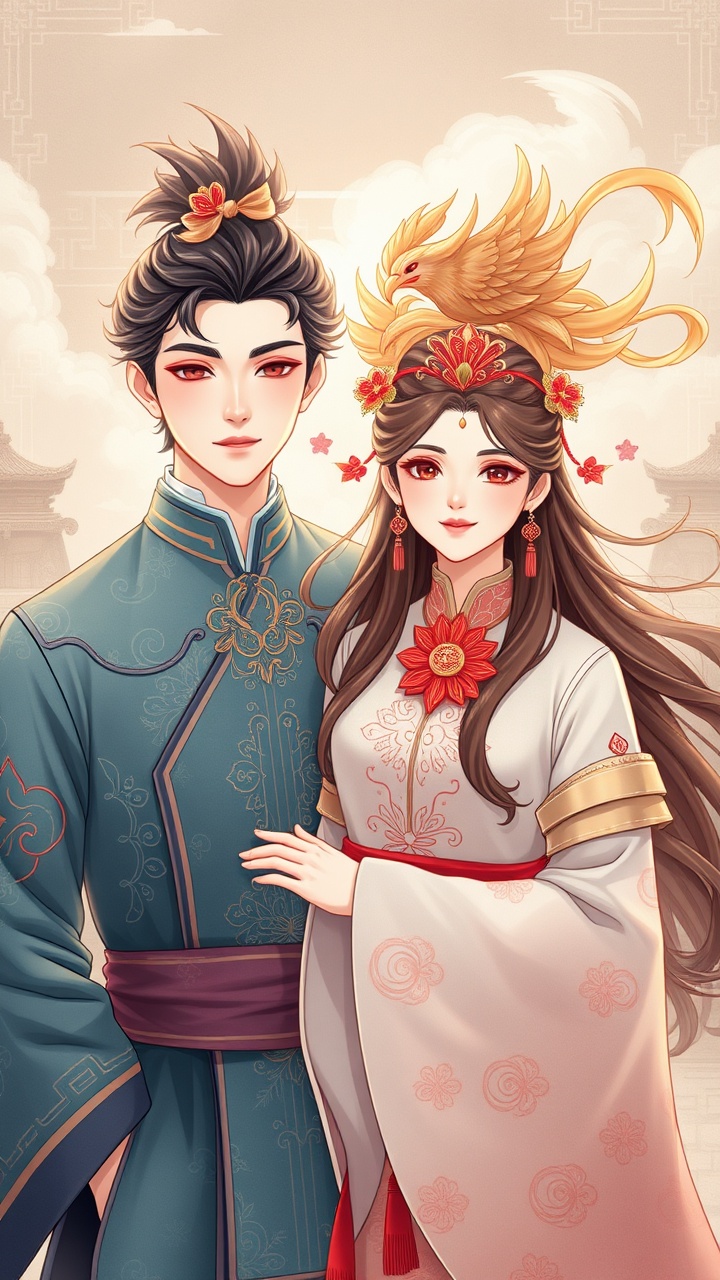AI generated image by FLUX.1-schnell: 
A young couple in Chinese style, Long hair for boys，Phoenix crown and flowing clouds for girl, 
