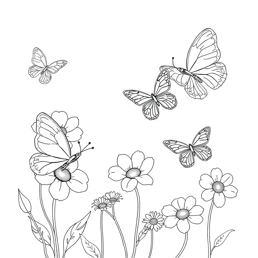 AI generated image by FLUX.1-schnell: Black and white line art illustration in 768x1368 resolution (vertical). A clean coloring page with only black outlines of flowers and butterflies. No colors, no shading, no background. Leave empty spaces suitable for coloring. White background only. No text or watermark. Designed for printing.