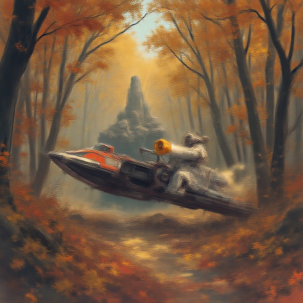 AI generated image by FLUX.1-pro: Stars wars speeder racing through a autumn forest, studio ghibli style