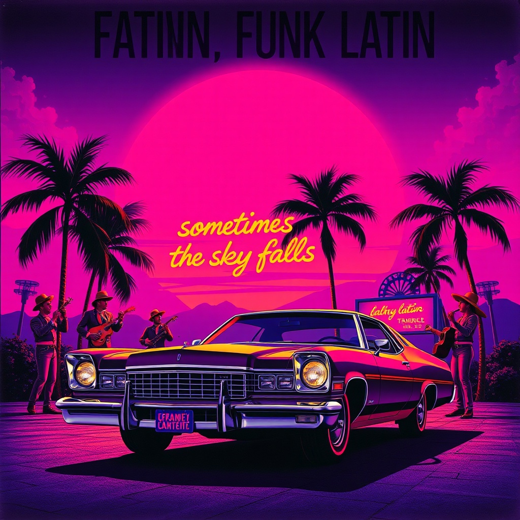 AI generated image by FLUX.1-schnell:  Funk Latin music album cover, purple huge retro sunset with mariachi band around a '70s Gran Torino car with palm trees and a neon sign with the words " sometimes the sky falls" 