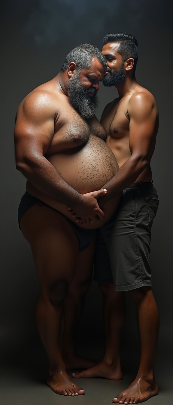 AI generated image by FLUX.1: Danny who is a big pot bellied, obese, dark skinned, hairy, grey haired, lustful, macho, matured hairy dark Tamil alpha male math teacher with thick eyebrows, full plump lips, thick beard and very big beefy and muscular chests is holding Tommy, a stocky student. Danny and Tommy are having a secret affair after class. Both Danny and Tommy are completely naked without clothes on and wet all over. Tommy is caressing Danny's masculine, hairy, big, fat, dark skinned pot round belly with a big belly button. Danny's dark skinned big hairy belly has a big round belly button that is deep. Danny also has fat beefy thighs and big feet. Danny is hugging Tommy very close with both his big strong arms and is spitting a lot of wet strands of saliva with in Tommy's wide open mouth who is sticking his tongue out for Danny. The saliva runs down all over Danny's beard, his big hairy belly, thick thighs and his thick feet. Danny has a thick, erect penis with  low hanging scrotum which is drenched in saliva.