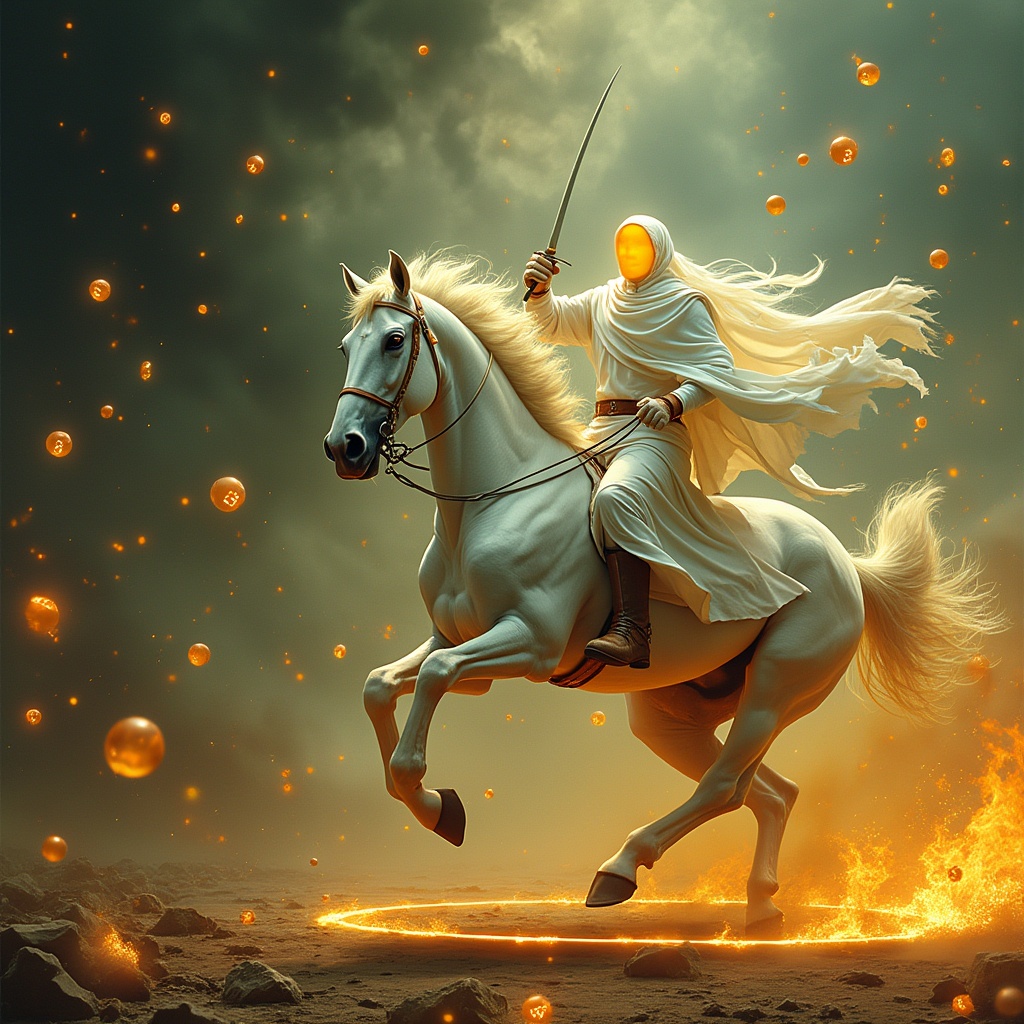 AI generated image by FLUX.1-pro: Colors of the scene: ochres, golds, greens. The left part of the scene shows darkness, obscurity, chaos, turmoil, while the right half of the scene shows a rider with a bright white garment, having a yellow face of light and holding a sword in his hand, riding a very strong, large, and spirited white horse that gallops to fight against the left side of the scene, crossing a ring of fire. From the sky, melting crystal spheres fall, each with a Roman numeral of the clock.