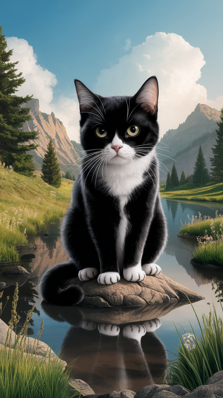 AI generated image by ideogram 2.0: Чёрный кот. Цвета: чёрный, белый, красный