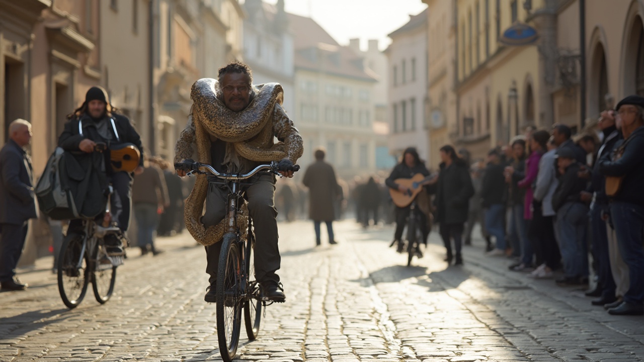 AI generated image by FLUX-Realism-Lora: A close-up photograph of a python pedaling energetically on a bicycle, old town Square in Prague. Tourists surrounding, some taking photos, others walking. Musicians playing on the side, a painter capturing the scene on a canvas. Morning light, soft shadows, rich textures of the cobblestones, Vltava river visible in the background, subtle lens flare. Photorealistic, Canon EOS R5, 85mm lens, f/1.4, vibrant colors, natural focus, cinematic atmosphere