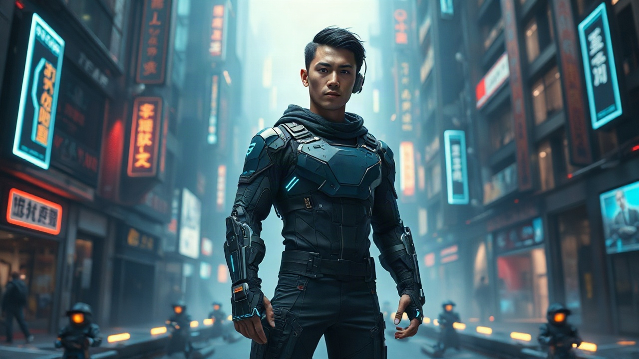 AI generated image by FLUX.1-schnell: photorealistic full-body shot of a 25-year-old handsome East Asian male gamer, 186cm tall, long legs, tall slim athletic physique, natural handsome face, sharp facial features, deep calm eyes, short black hair, wearing a futuristic virtual game character outfit, dark blue and black tactical armor, glowing circuit lines, lightweight chest plate, techwear pants, standing in the middle of a virtual gaming dimension, neon city ruins, holographic game interface floating around him, glowing energy effects, immersive digital world, cinematic side light, realistic skin pores, realistic clothing material, natural shadow, ultra detailed, photorealistic, no cartoon, no illustration, no headset, no gaming room background, no deformed limbs