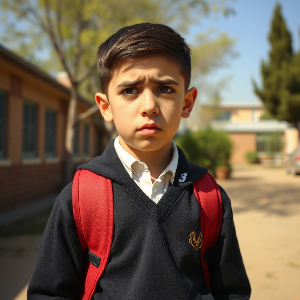 AI generated image by FLUX.1-schnell: Iranian School boy in school uniform looking anxious and worried, realistic style in the school yard, sunny weather
