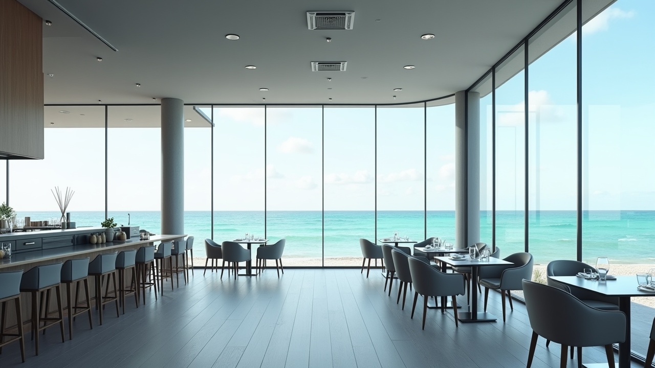 AI generated image by FLUX.1: A realistic photo of a front-facing-sea modern seaside cafe in a sleek silver-grey style. The interior features a soaring, double-height ceiling and seamless floor-to-ceiling glass walls without window frames, offering unobstructed, panoramic broad front views of the ocean. The design emphasizes clean lines and simplicity, with polished grey wood floors and stylish furnishings. The bright natural light floods the space, reflecting off the tranquil turquoise water, creating a serene and sophisticated atmosphere.